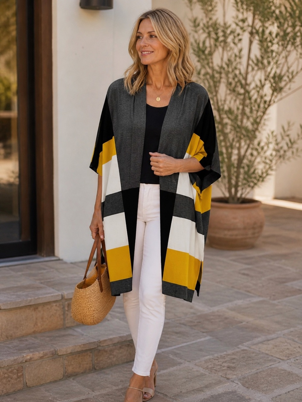 Masseys Colorblock Kimono Cardigan S/M Boho Chic Coastal Grandmother Layering